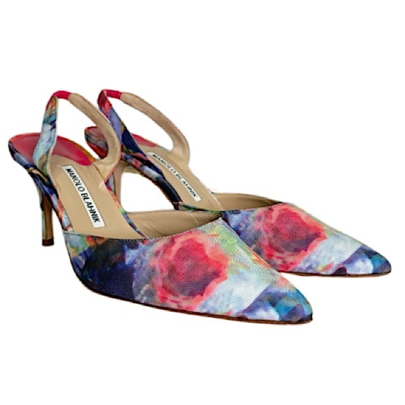Manolo Blahnik Shoes - Manolo Blahnik Carolyne Floral Textile Mid-Heel Slingback Pumps, Size 40/US 10